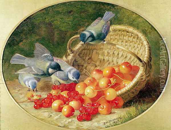 Bluetits pecking at cherries, 1897 Oil Painting - Eloise Harriet Stannard