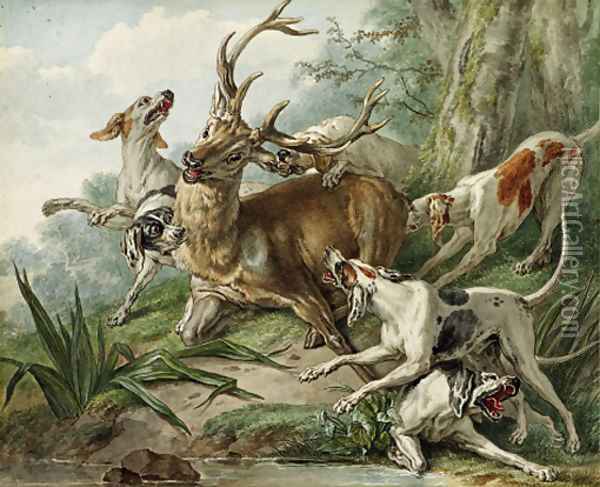 A stag attacked by hounds Oil Painting - French School