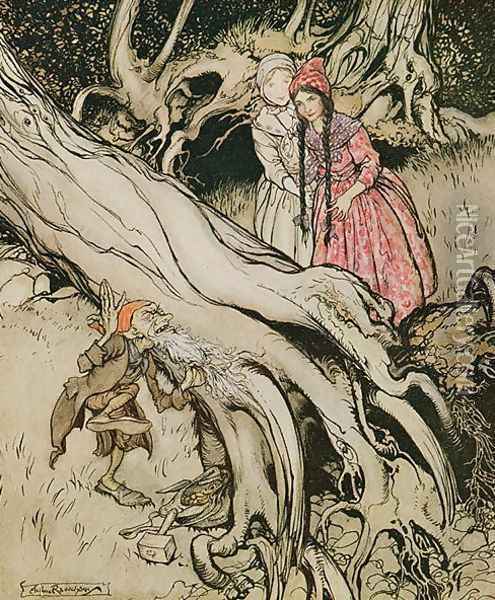 The end of his beard was caught in a tree, illustration from Snow White and Rose Red, from Fairy Tales of the Brothers Grimm, 1900 Oil Painting - Arthur Rackham