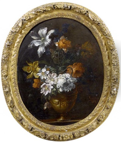 Vase De Fleurs Pose Sur Un Entablement Oil Painting - Jean-Baptiste Monnoyer