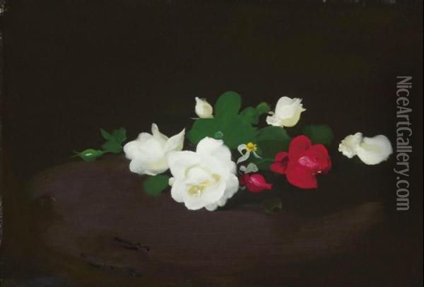 White And Pink Roses On A Round Table Oil Painting - James Stuart Park