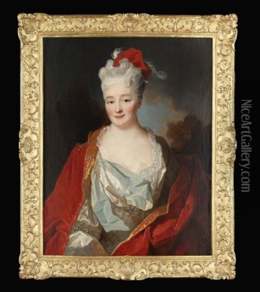 Portrait Of An Elegantly Dressed Lady In A Light Blue Dress And A Red Velvet Wrap, Wearing A Feathered Scarlet Bonnet, A Landscape Beyond Oil Painting - Nicolas de Largilliere