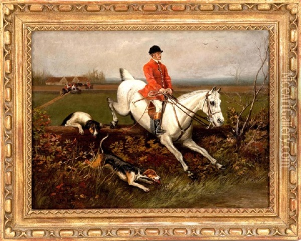 A Fox Hunting Scene With Dogs In Pursuit And A Horse And Rider Jumping A Wall Oil Painting - William Webb