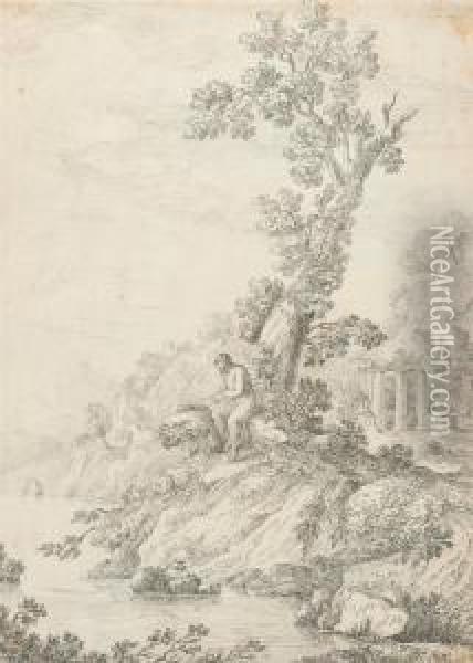 Reading Hermit In Classical Landscape. Oil Painting - Jean-Jacques De Boissieu