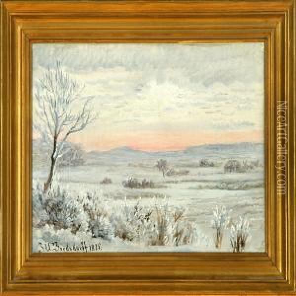 Winter Landscape At Sunset. Signed And Dated J. U. Bredsdorff 1875 Oil Painting - Johan Ulrik Bredsdorff