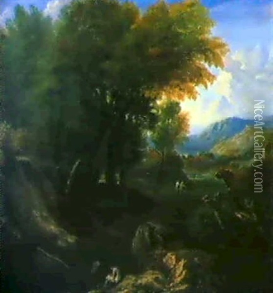 Bewaldete Gebirgslandschaft Mit Rastenden An Einem Tumpel. Oil Painting - Jan Baptiste Huysmans