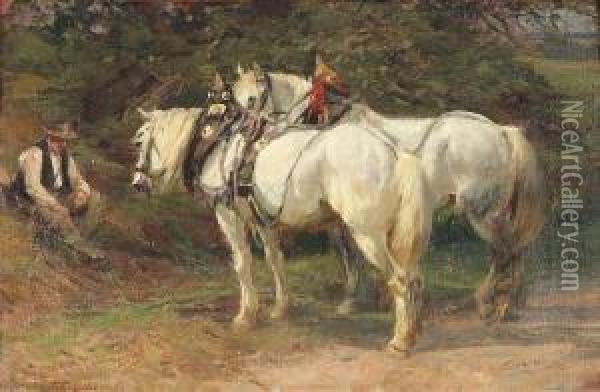 Eckenfelder, Friedrich. A Farmer And Two Horses Resting Oil Painting - Friedrich Eckenfelder