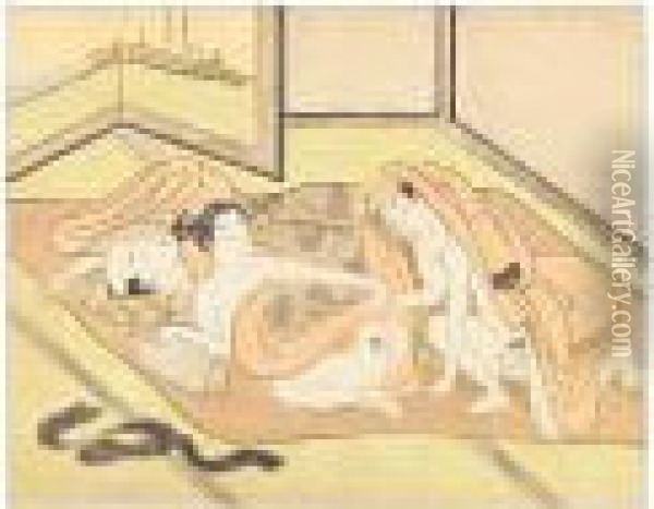 A Couple Making Love
Beneath The Bedclothes Whilst The Woman's Husband Sleeps Oil Painting - Suzuki Harunobu