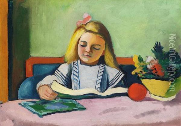 Blondes Madchen Mit Buch Oil Painting - August Macke