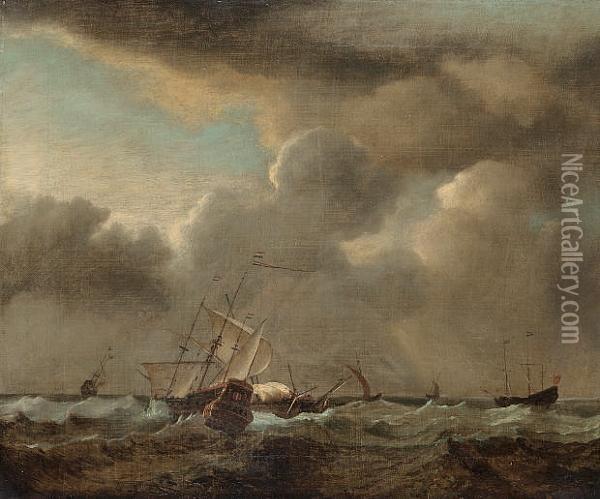 A Frigate And Other Men O'war In A Squall Oil Painting - Willem van de, the Elder Velde