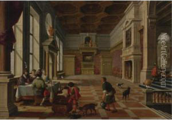 Interior Of A Palace With Elegant Figures Dining (parable Of Lazarus And The Rich Man) Oil Painting - Bartholomeus Van Bassen