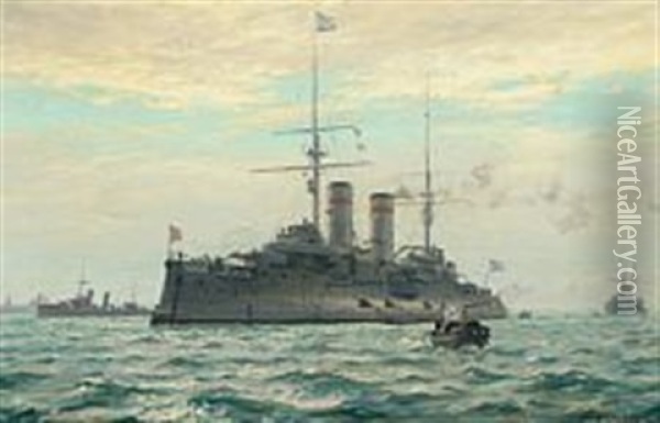 Seascape With The Russian Battleship Tsesarevich Oil Painting - Christian Benjamin Olsen