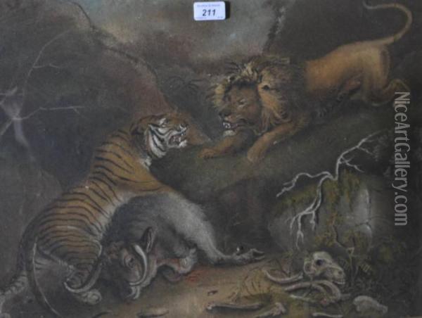 Lion And Tiger Fighting Oil Painting - Benjamin Zobel