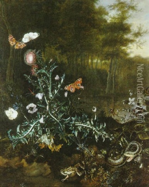 Nature Morte De Sous-bois Aux Chardons Et Papillons Oil Painting - Isac Vromans