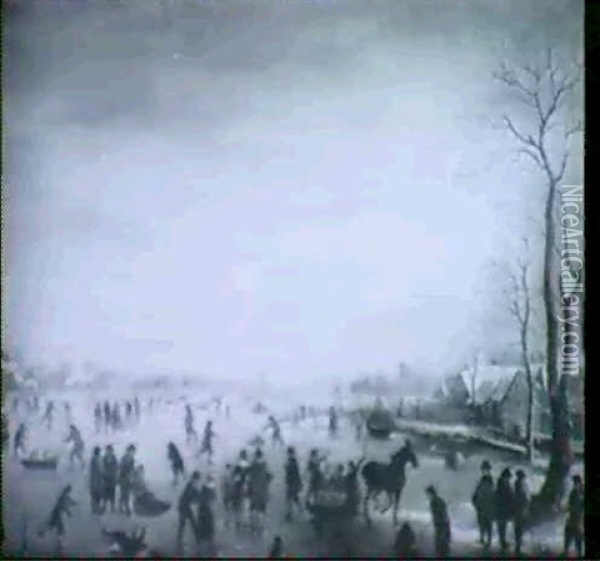 A River Landscape With Figures On A Frozen River Oil Painting - Aert van der Neer