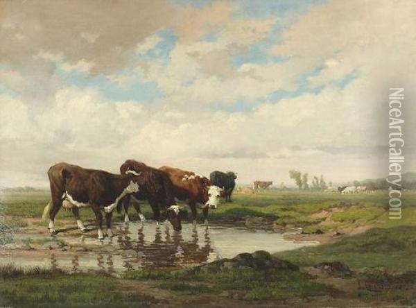 Sommerliche Weide Mit Kuhen. Oil Painting - Louis Coignard