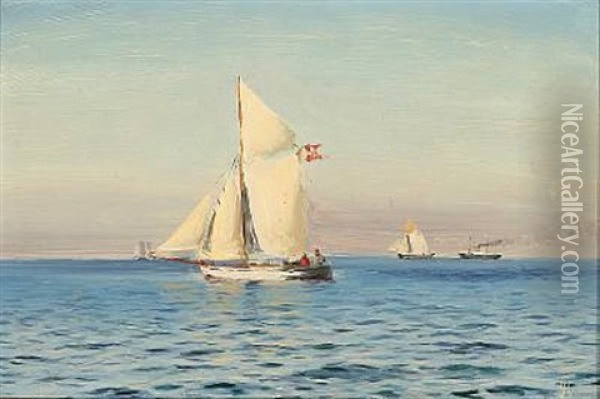 Marine With A Sailing Boat And Other Ships On A Quiet Summer's Day Oil Painting - Holger Luebbers