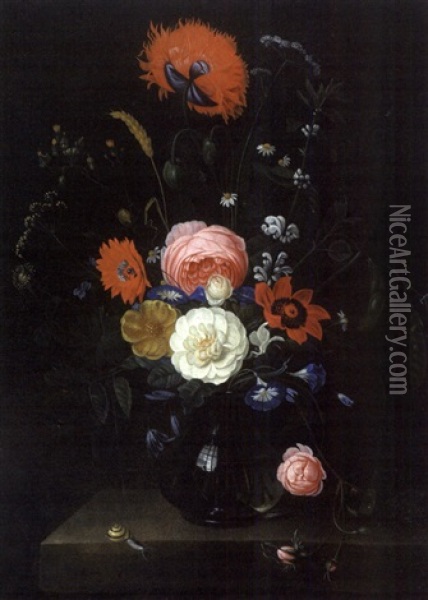 Bouquet De Fleurs Sur Un Entablement Oil Painting - Abraham Mignon