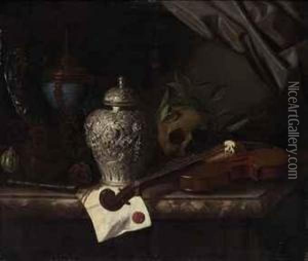 Violin, A Skull Draped With Laurel Branches, A Silver Ginger Jar, Arecorder, A Letter With A Red Seal, A Silver Gilt Hardstone Cup Anda Silver Dish On A Marble Ledge Oil Painting - Pieter Gerritsz. van Roestraten