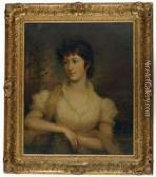 Portrait Of A Lady In A White Dress Holding A Book Oil Painting - Sir William Beechey