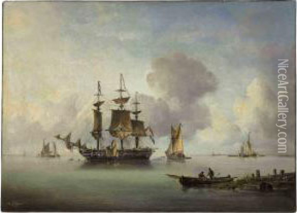 Ships In A Calm Bay Oil Painting - Ary Pleysier