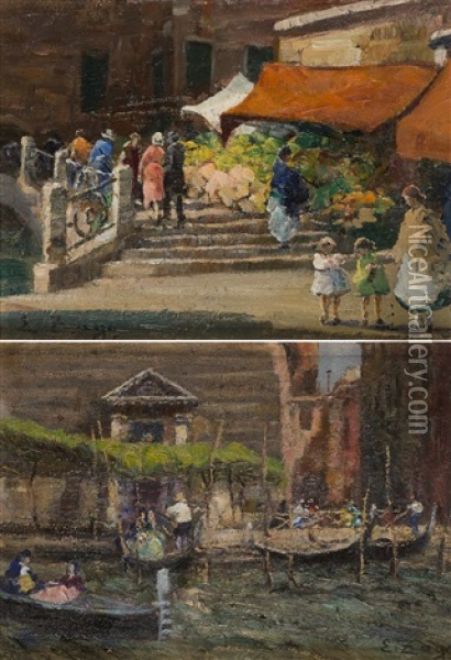 Gondolel; Mercato Dei Fiori A Venezia (2 Works) Oil Painting - Erma Zago