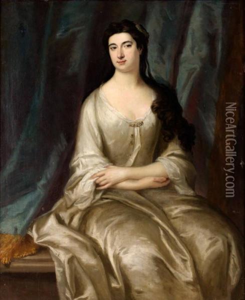 Kvinna I Vit Sidenklanning Oil Painting - Sir Godfrey Kneller