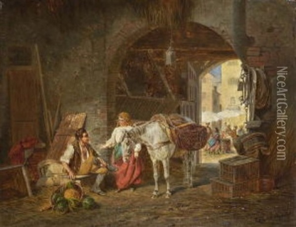Italienisches Bauernpaar Mit Lasttier Im Stall Oil Painting - Franz Quaglio