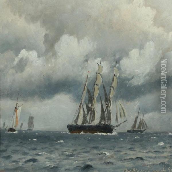 Skibe Under Optraekkende Uvejr Oil Painting - Christian Vigilius Blache