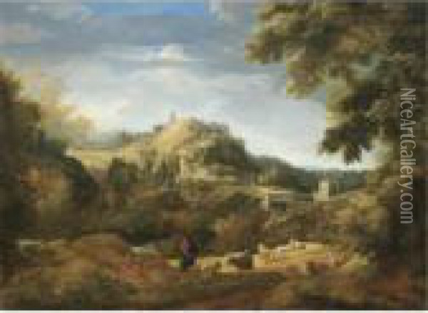 A View Of Tivoli With Shepherds Resting With Their Flock In The Foreground Oil Painting - Gaspard Dughet Poussin