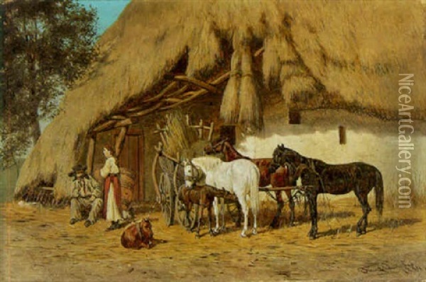 Summer's Day With Horses, Foals And Two Figures Outside A Thatched Hut Oil Painting - Franz Quaglio