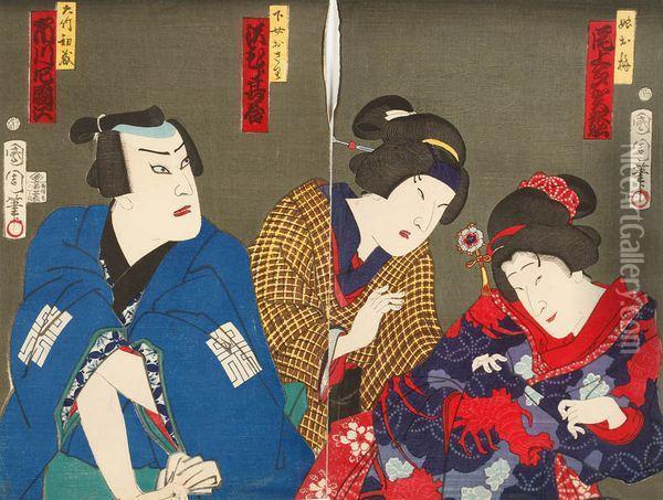 Trois Acteurs Sur Fond Marron Oil Painting - Toyohara Kunichika