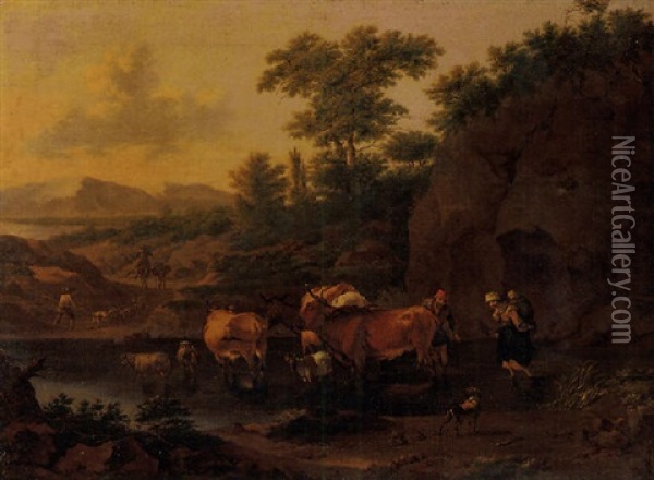 An Italianate Landscape With Herdsman And Cattle Crossing A River Oil Painting - Abraham Jansz. Begeyn