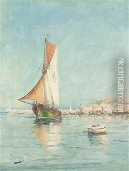 Auslaufendes Fischerboot Vor Sudlicher Hafenstadt Oil Painting - Henri Malfroy-Savigny