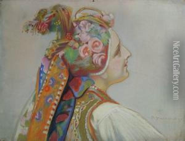 Portret Kobiety W Stroju Ludowym Oil Painting - Piotr Stachiewicz