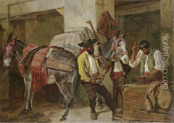 At The Blacksmith's Shop, Sevilla Oil Painting - Richard Ansdell