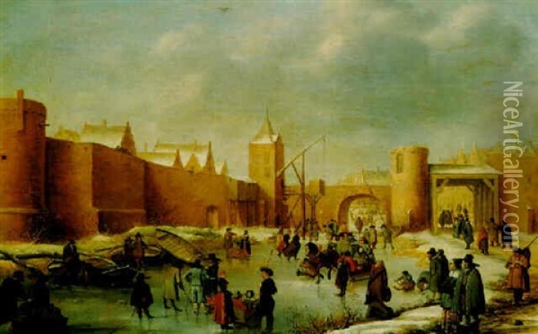Skaters, Kolf Players, Elegant Ladies And Gentlemen, A Horse-drawn Sledge And Icebound Boats On A Frozen Moat Outside Kampen Oil Painting - Barent Avercamp