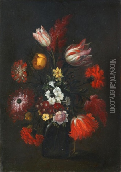 Tulips, Auricula, Narcissi And Other Flowers In A Glass Vase Oil Painting - Jan Peeter Brueghel