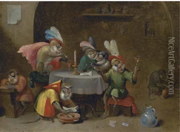 A Tavern Interior With Monkeys Drinking And Smoking Oil Painting - David The Younger Teniers