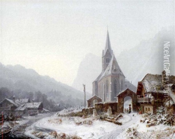 Hochaufragende Kirche In Verschneiter Gebirgslandschaft Oil Painting - Heinrich Buerkel