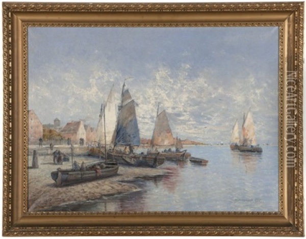 Fishing Village With Boats Oil Painting - Georg Fischhof