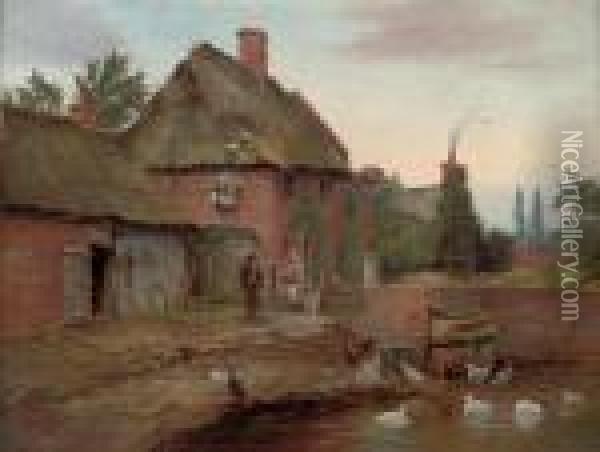 The Olden Times: Feeding The Ducks And Feeding The Hens Oil Painting - Edward William Cooke