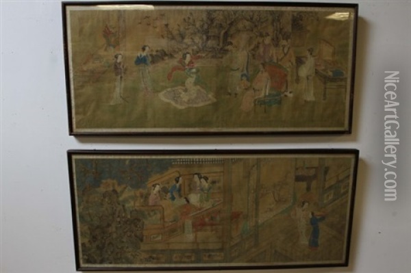 Chinese] 17th Century 2 Pieces Of Chinese Scroll Oil Painting -  Qiu Ying