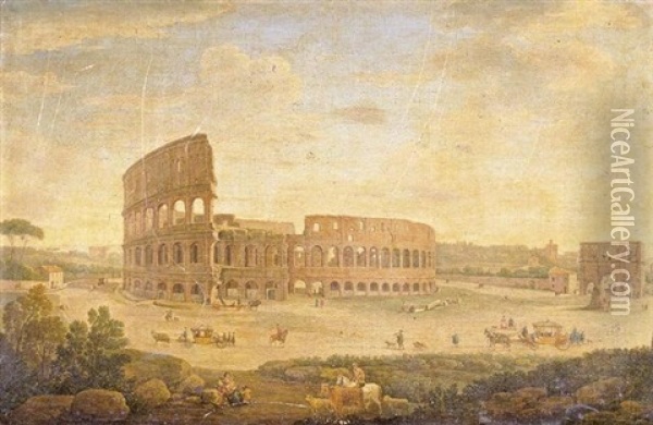 View Of The Colosseum And The Arch Of Constantine, Rome Oil Painting - Hendrick Frans van Lint