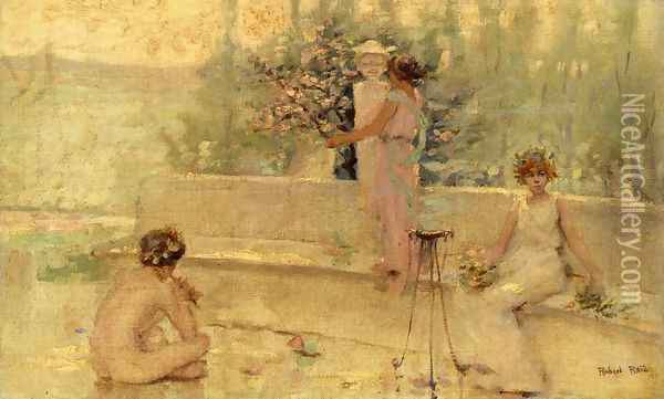 Three Figures in an Italian Garden Oil Painting - Robert Reid