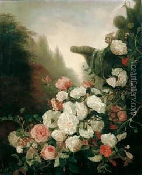 Blumenarrangement Vor Einem Brunnenbecken. Signiert Unten Rechts: E. De Koninck. Ol Auf Leinwand (doubliert). H 72; B 58 Cm. Oil Painting - Edmond De Koninck
