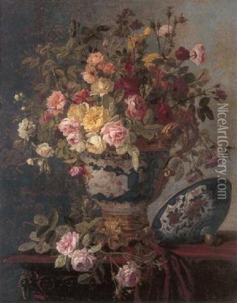 Still Life With Roses In An Oriental Vase Oil Painting - Jean Capeinick