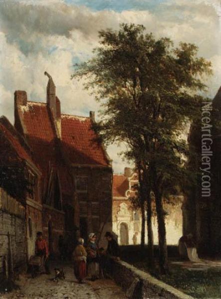 A Dutch Town In Summer; And Het Oude Gasthuis, Hasselt Inwinter Oil Painting - Cornelis Springer