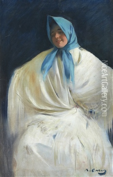 Chula Con Panuelo Azul (girl With A Blue Scarf) Oil Painting - Ramon Casas