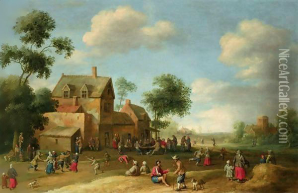 A Village Scene With Figures Dancing And Conversing Oil Painting - Joost Cornelisz. Droochsloot